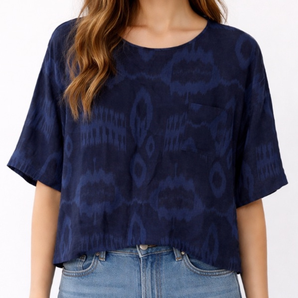 Brochu Walker Top Womens Small Pocket Blouse Navy Blue Classic Designer Boho